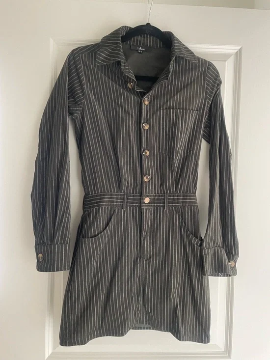 Lulu's Olive Green Striped Button-Up Dress - Picture 1 of 4